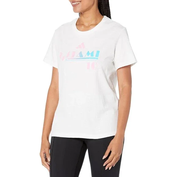 Adidas Lionel Messi Miami T-Shirt Womens L White Graphic Print Crew Neck DSGL170 - Picture 1 of 8